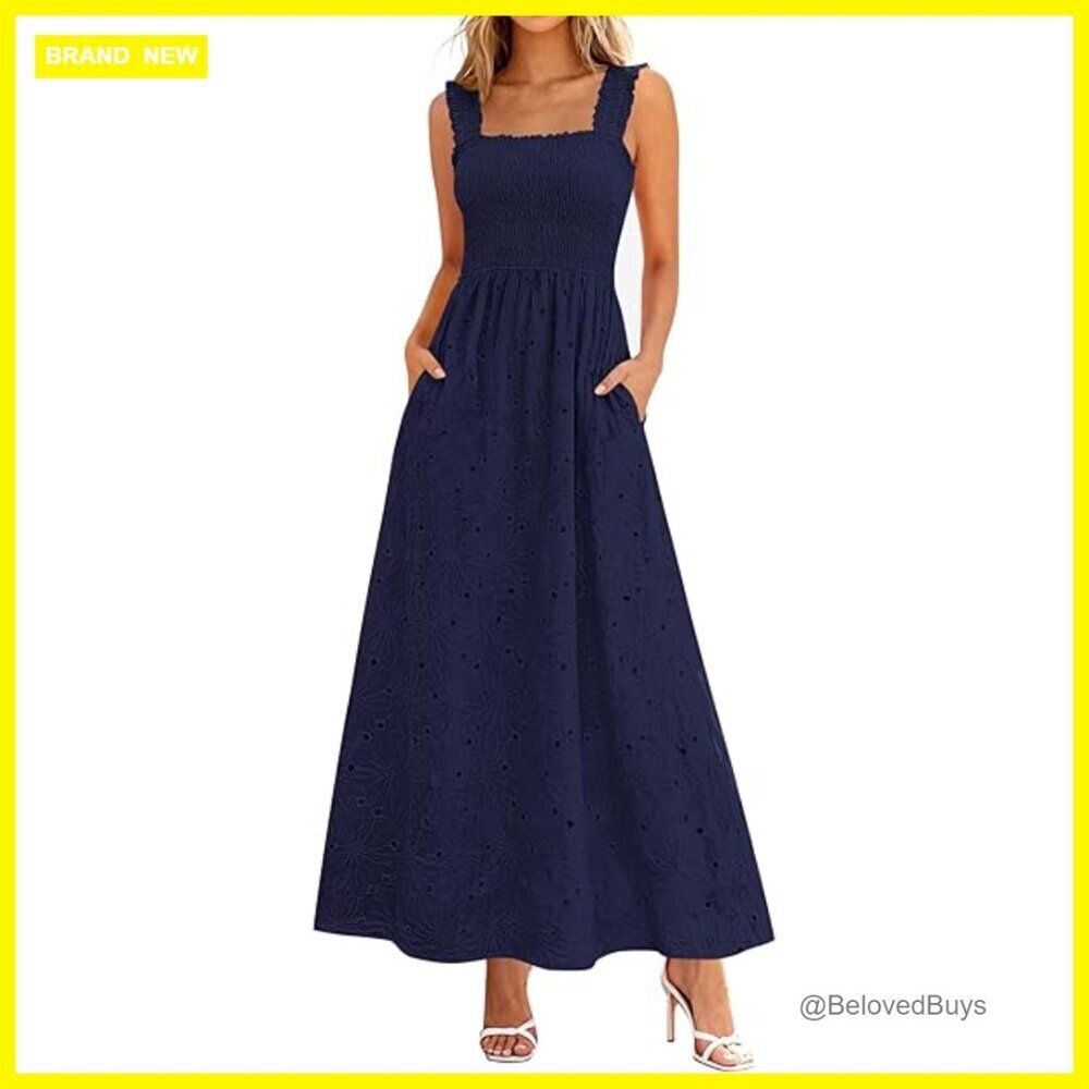 Maxi Cotton Sundress with Lace, Smocked Back, Pockets, Square Neck